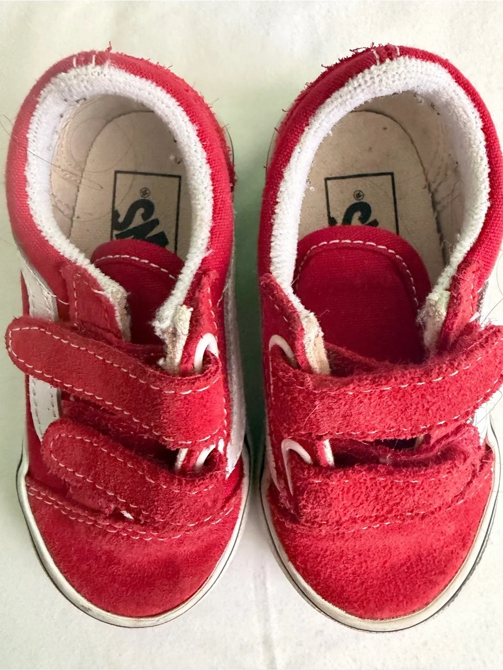 Vans Kids Red Suede Velcro Sneakers with White Side Stripe